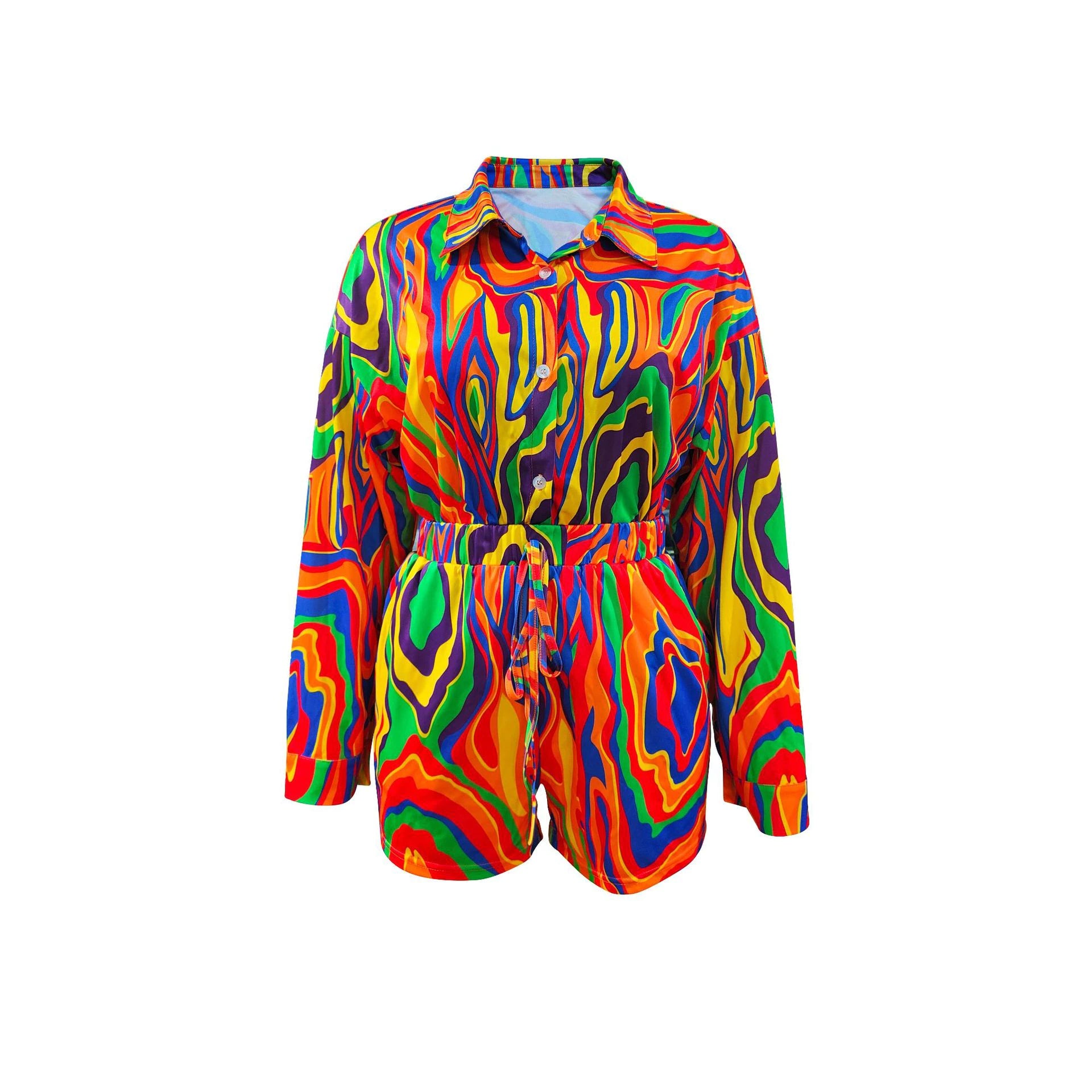 Casual Tie Dye Printed Lapel Long Sleeve Shirt Tops and Shorts Suit