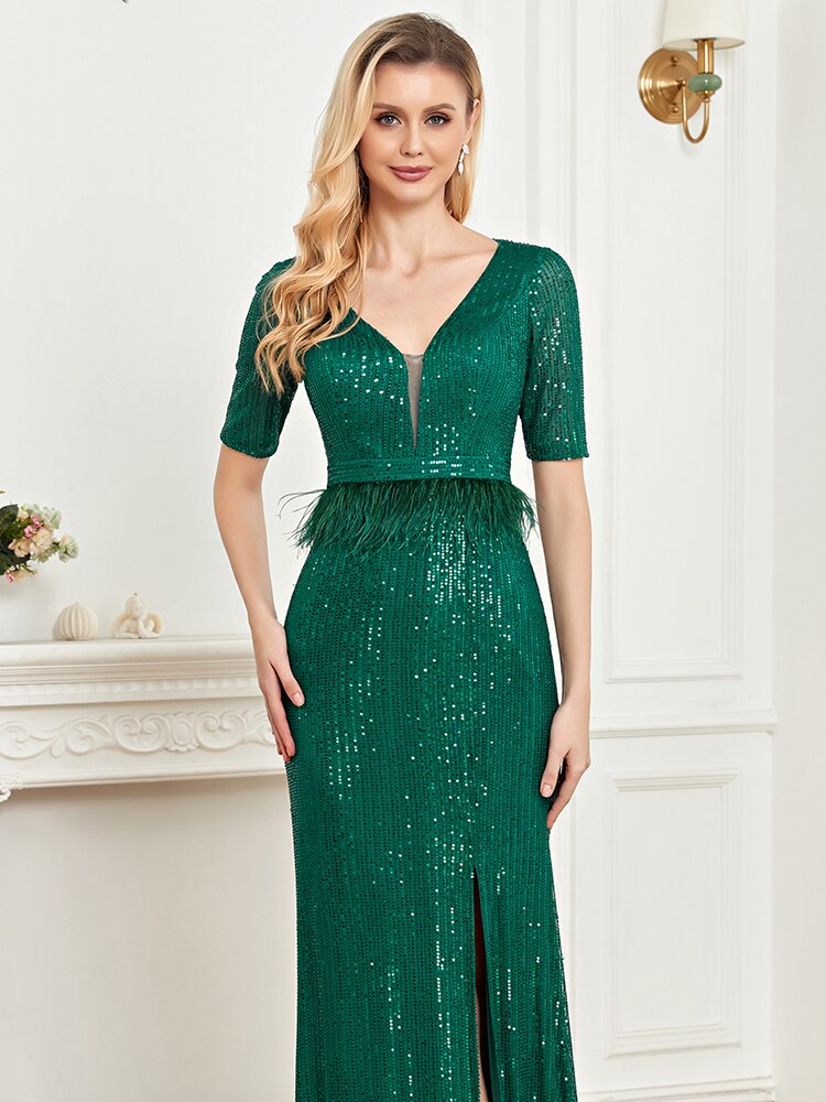 Deep V Neck Green Sequins Evening Dresses