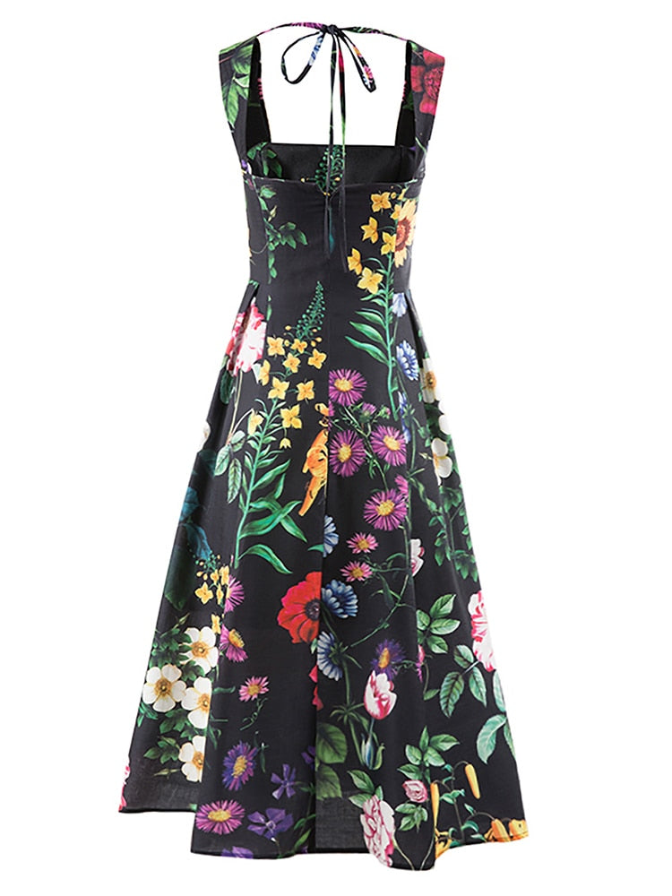 Summer Square Collar Sleeveless High Waist Print Colorblock Midi Dresses
