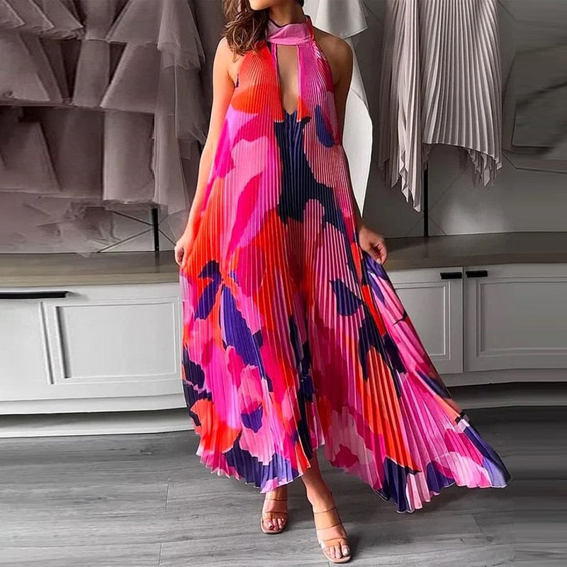 Summer Pattern Print Pleated Backless Sleeveless Halter Long Dress