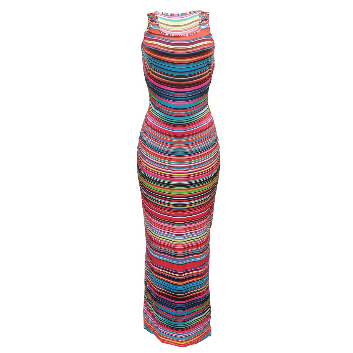 Summer Sleeveless U Neck Hollow Beautiful Colorful Striped Print Dress