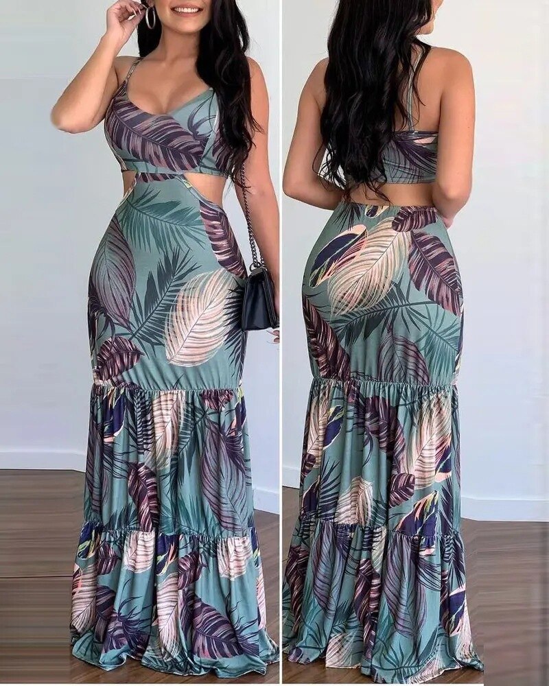 SummerElegant Print Fashion Floral Sexy Backless Boho Maxi Ruffle Long Slim Beach Sheath Dress