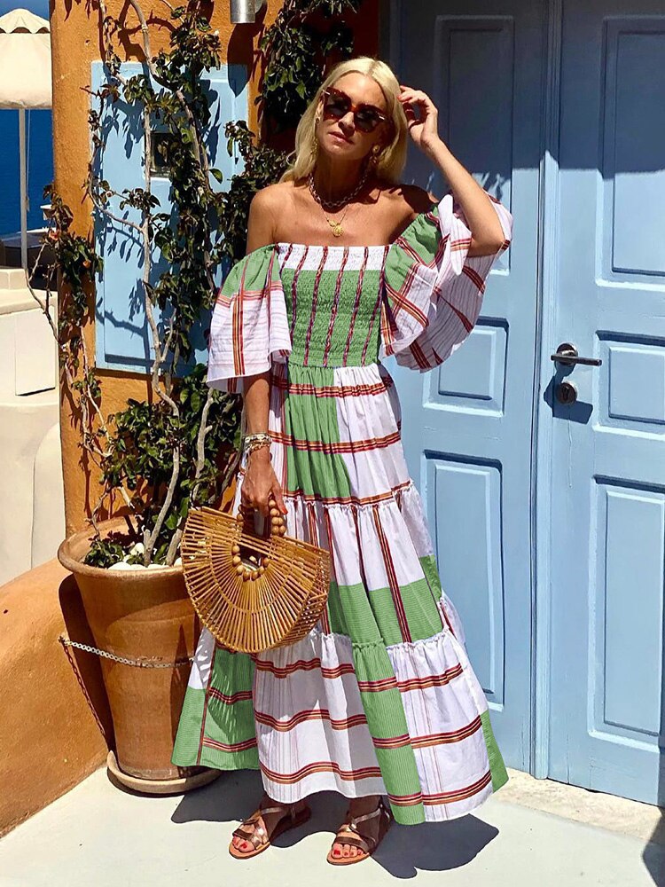 Summer Print Boho Slash Neck Maxi Dress