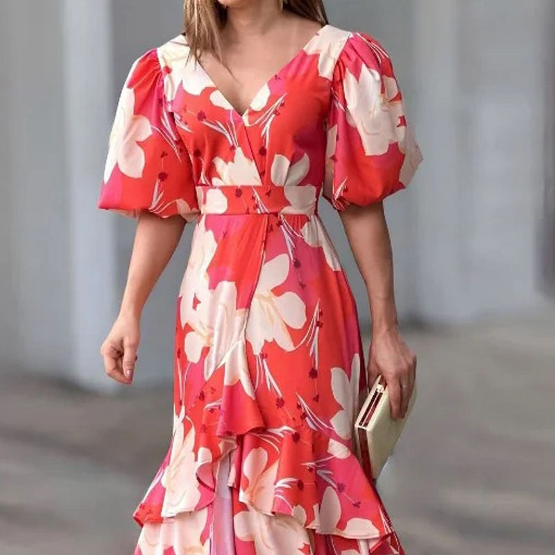 Summer Pattern Print Puff Sleeve  V Neck High Waist Dress