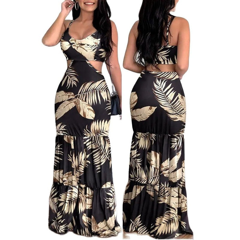 SummerElegant Print Fashion Floral Sexy Backless Boho Maxi Ruffle Long Slim Beach Sheath Dress