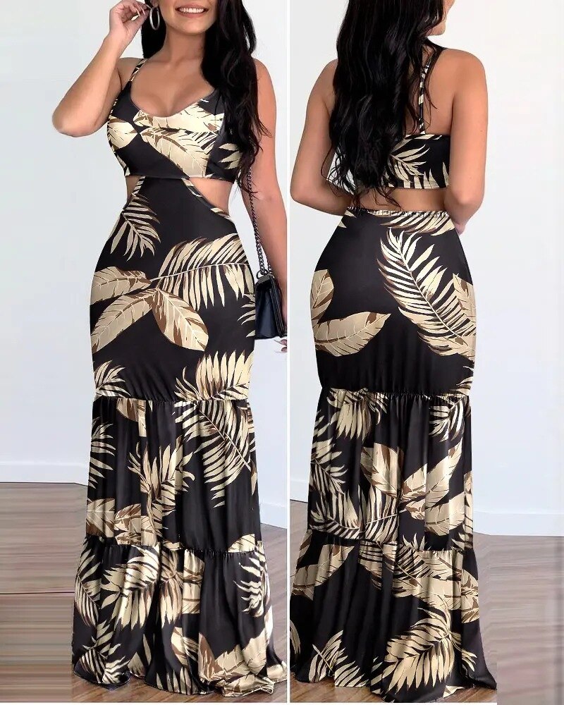 SummerElegant Print Fashion Floral Sexy Backless Boho Maxi Ruffle Long Slim Beach Sheath Dress