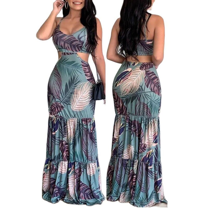 SummerElegant Print Fashion Floral Sexy Backless Boho Maxi Ruffle Long Slim Beach Sheath Dress