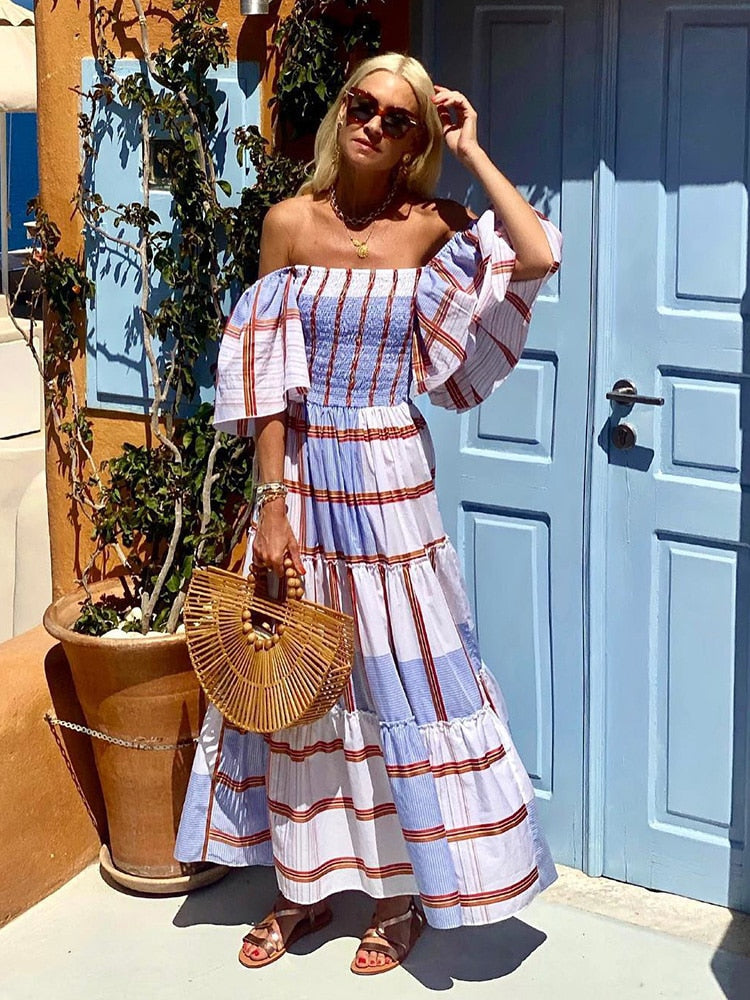 Summer Print Boho Slash Neck Maxi Dress