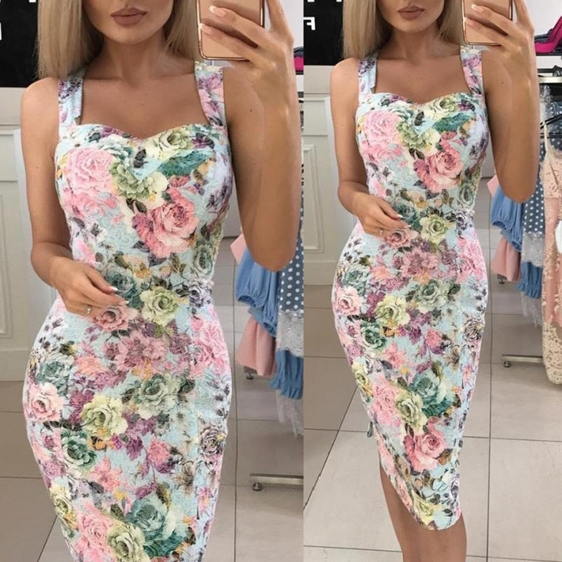 Fashion Rose Print Floral Print Pencil Bodycon Party Dress