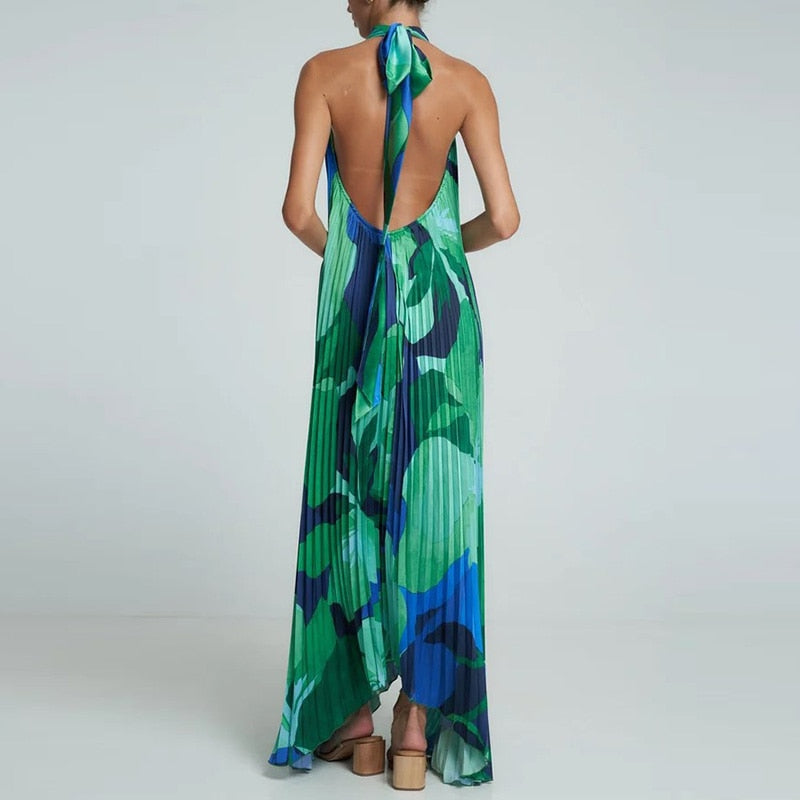 Summer Pattern Print Pleated Backless Sleeveless Halter Long Dress