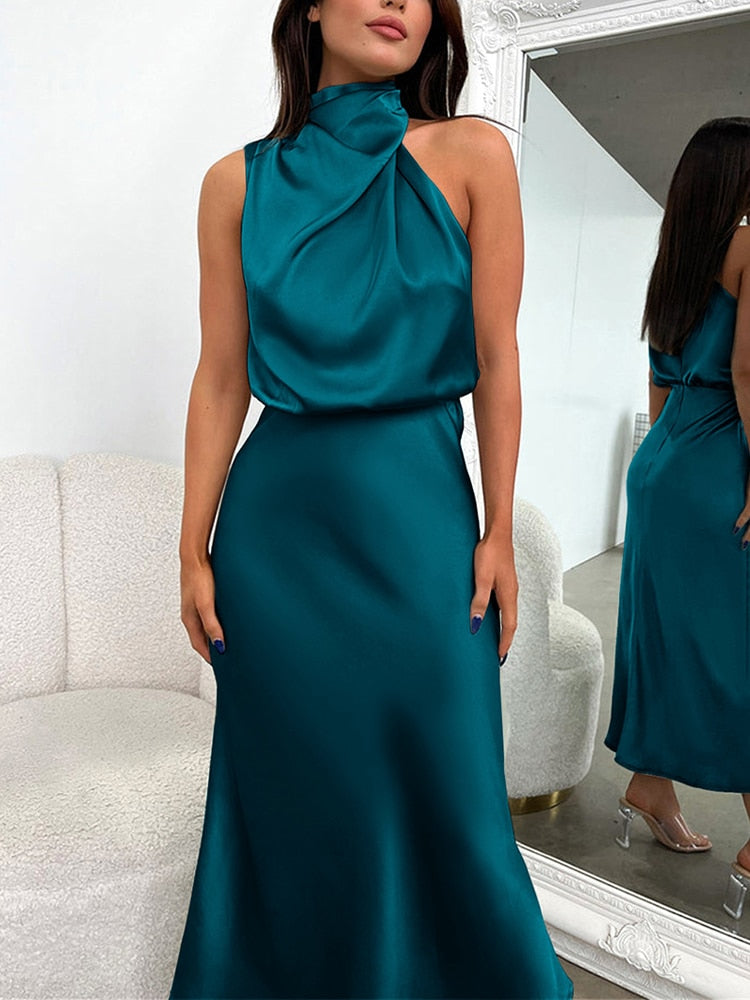 Summer High-End Silk Satin Sleeveless Long Dress