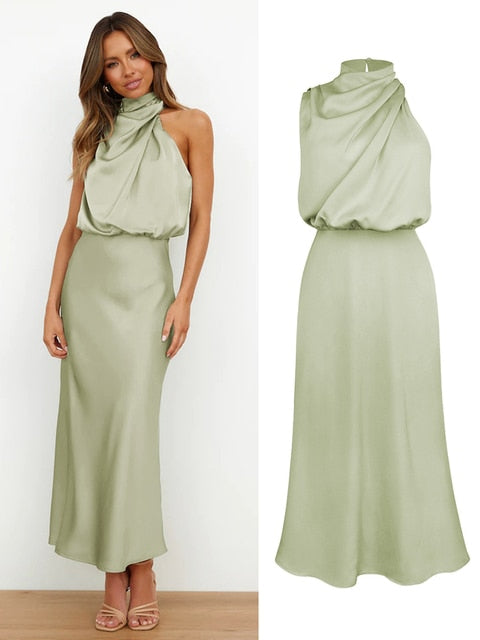 Summer High-End Silk Satin Sleeveless Long Dress