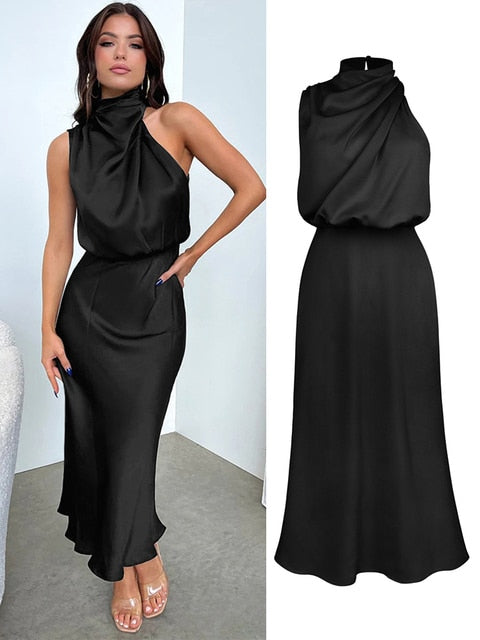 Summer High-End Silk Satin Sleeveless Long Dress