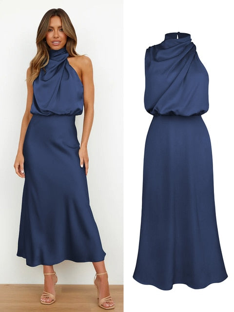 Summer High-End Silk Satin Sleeveless Long Dress