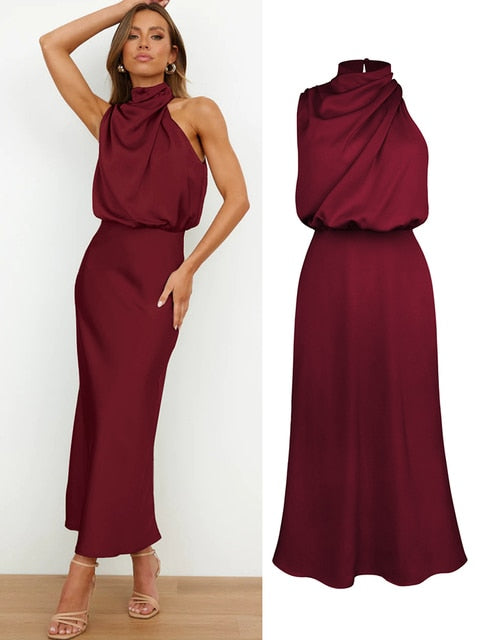 Summer High-End Silk Satin Sleeveless Long Dress