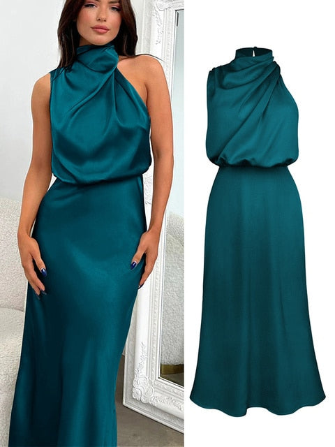 Summer High-End Silk Satin Sleeveless Long Dress