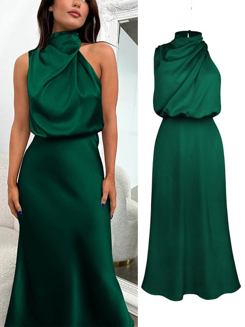 Summer High-End Silk Satin Sleeveless Long Dress