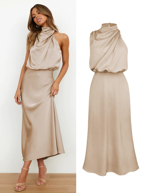 Summer High-End Silk Satin Sleeveless Long Dress