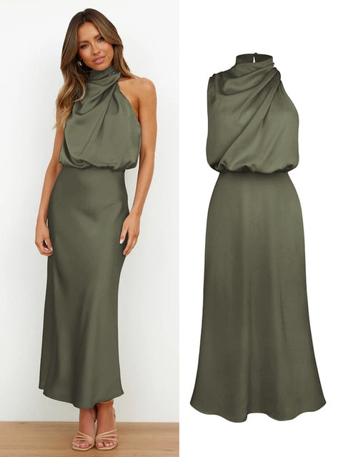 Summer High-End Silk Satin Sleeveless Long Dress