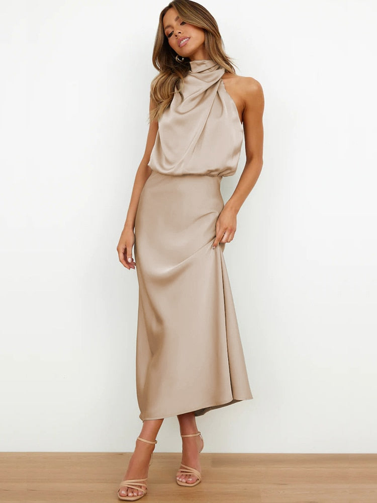 Summer High-End Silk Satin Sleeveless Long Dress