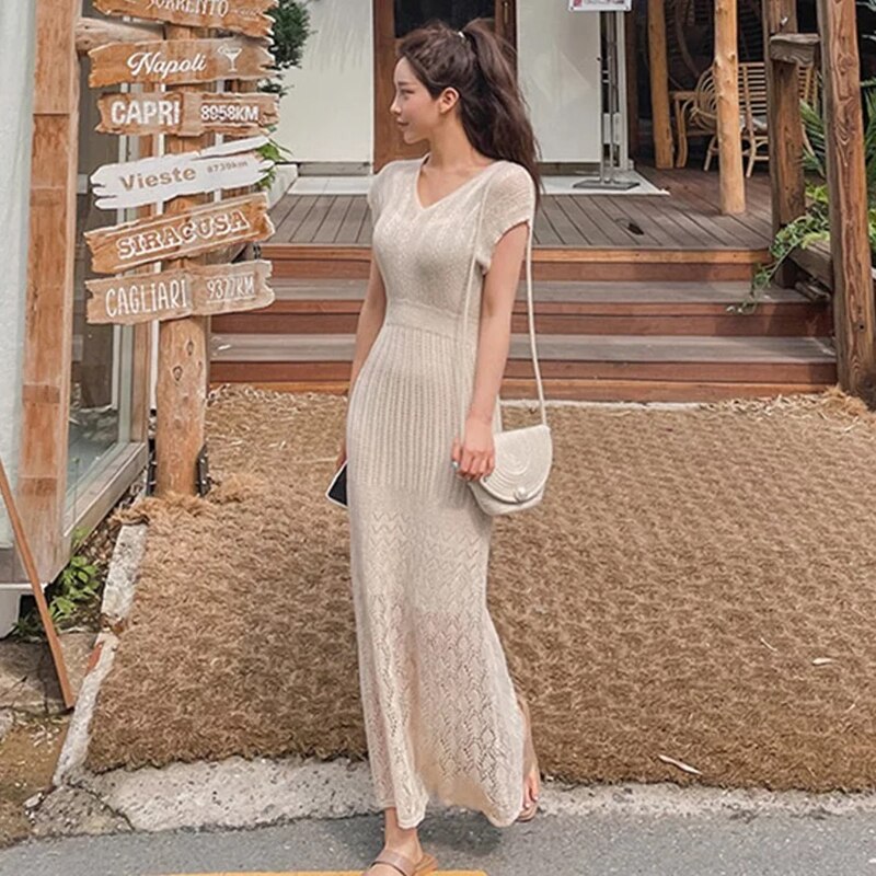 Summer Simple Hollow Out Vest Knit Sweater Dress