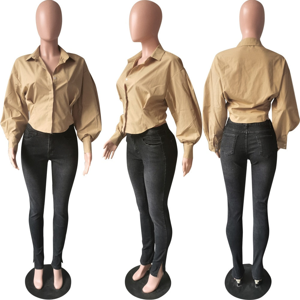 Long Lantern Sleeve Button Shirt Elegant Chic Tunic Blouse Tops