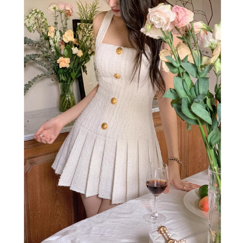 Summer Gold Button Tweed Halter neck Strap Dress