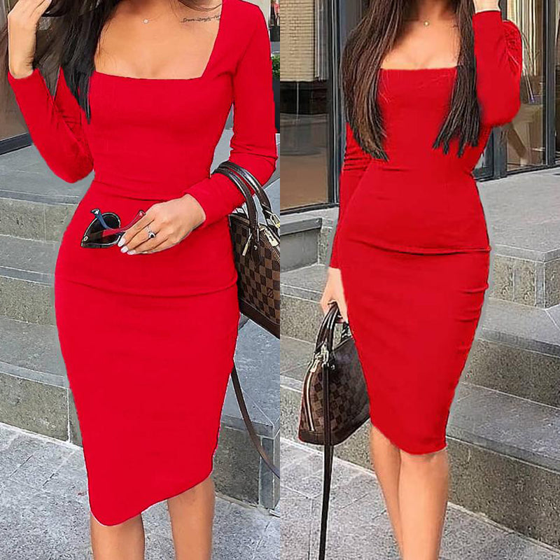 Square Collar Long Sleeve Design Bodycon Midi Dress